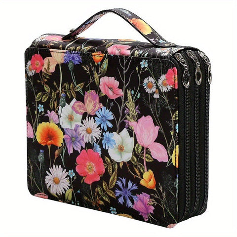 Elosung Black Background Flowers Pattern 124 Slot Large Capacity Zippered Pencil Case Triple Layer Oxford Fabric Organiser For Colored Pencils Art Sup