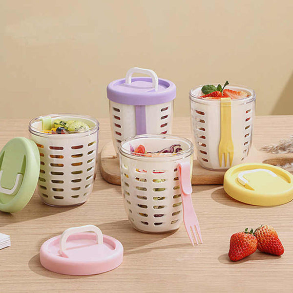 Elosung 2 Pcs Yellow Portable Leakproof Fruit And Salad Storage Box With Draining Function Sealed Fresh Keeping Bento Lunch Fork As+Pp+Silicone Materi