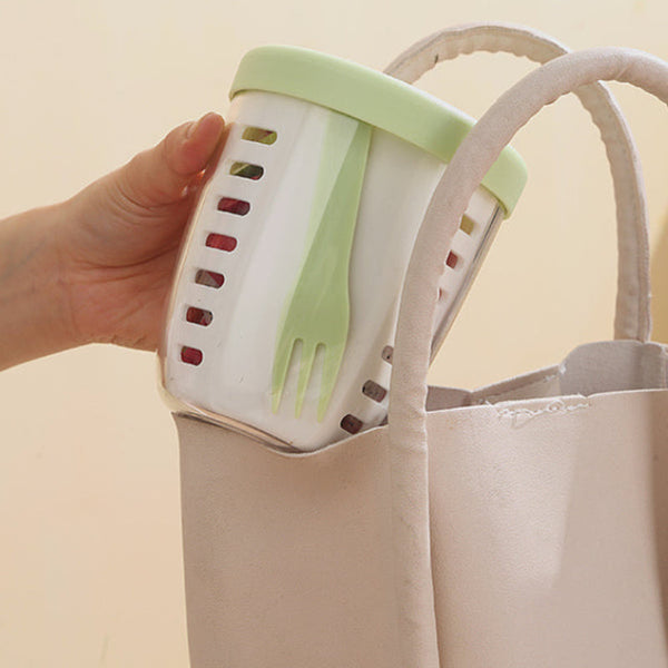 Elosung 2 Pcs Green Portable Leakproof Fruit And Salad Storage Box With Draining Function Sealed Fresh Keeping Bento Lunch Fork As+Pp+Silicone Materia