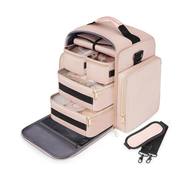 Elosung Pink 4 In 1 Travel Cosmetic Organizer Bag With Detachable Polyester Storage Boxes And Jewelry Roll Multiple Compartments Portable Makeup Makeu