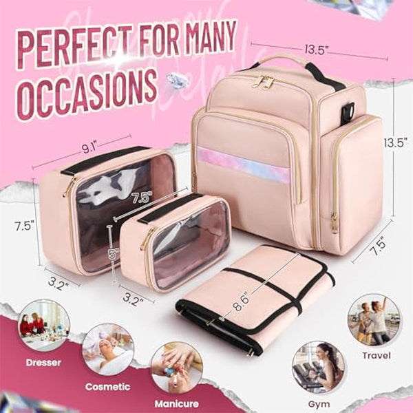 Elosung Pink 4 In 1 Travel Cosmetic Organizer Bag With Detachable Polyester Storage Boxes And Jewelry Roll Multiple Compartments Portable Makeup Makeu