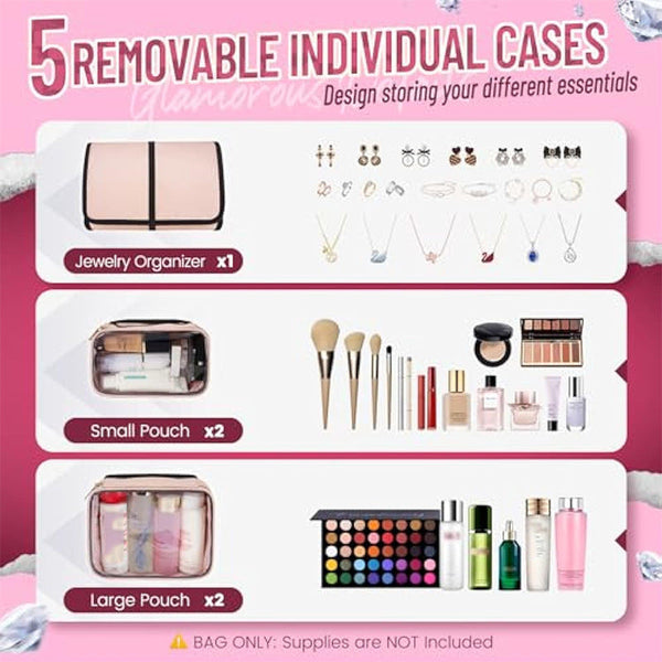 Elosung Pink 4 In 1 Travel Cosmetic Organizer Bag With Detachable Polyester Storage Boxes And Jewelry Roll Multiple Compartments Portable Makeup Makeu