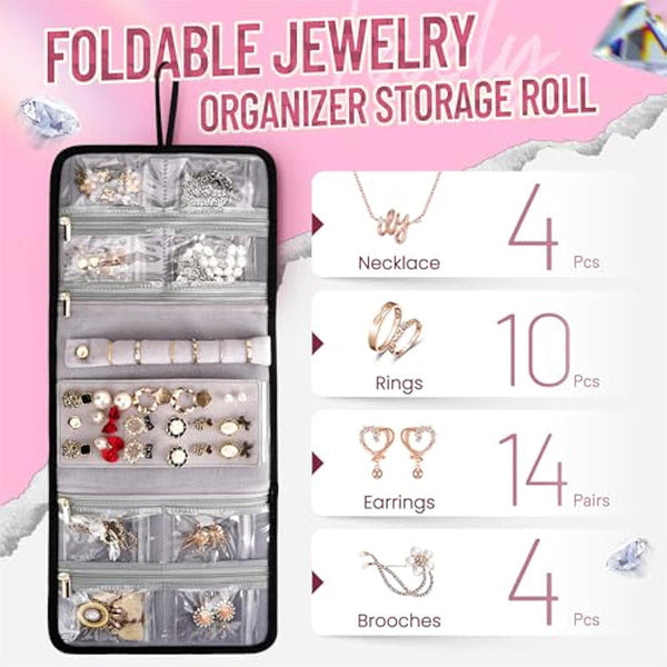 Elosung Pink 4 In 1 Travel Cosmetic Organizer Bag With Detachable Polyester Storage Boxes And Jewelry Roll Multiple Compartments Portable Makeup Makeu