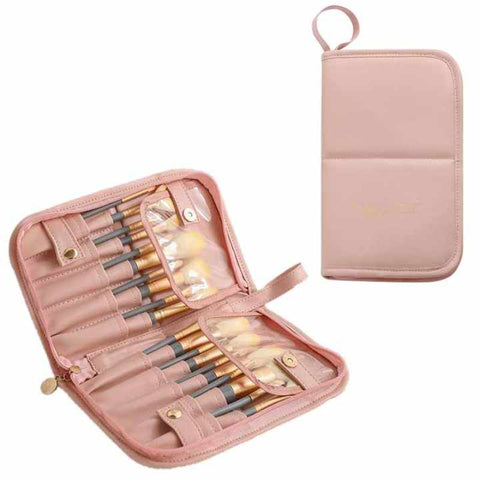 Elosung Pink Shell Makeup Brush Storage Bag Multi Functional Pu Cosmetic Organizer With Button Closure Convertible To Stand Design(Make Up Brushes Are