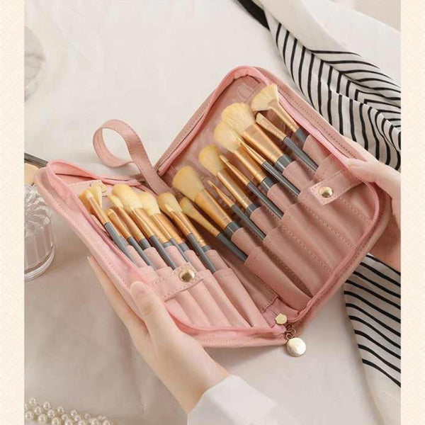 Elosung Pink Shell Makeup Brush Storage Bag Multi Functional Pu Cosmetic Organizer With Button Closure Convertible To Stand Design(Make Up Brushes Are