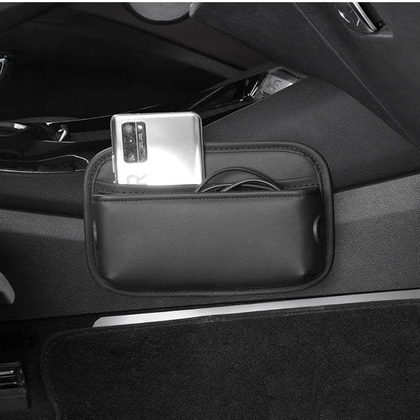 Elosung Black Pu Leather Car Storage Organizer With Dual Charging Holes And Inner Mesh Pocket Multi Functional Door Handle Hanging Bag For Phones Acce
