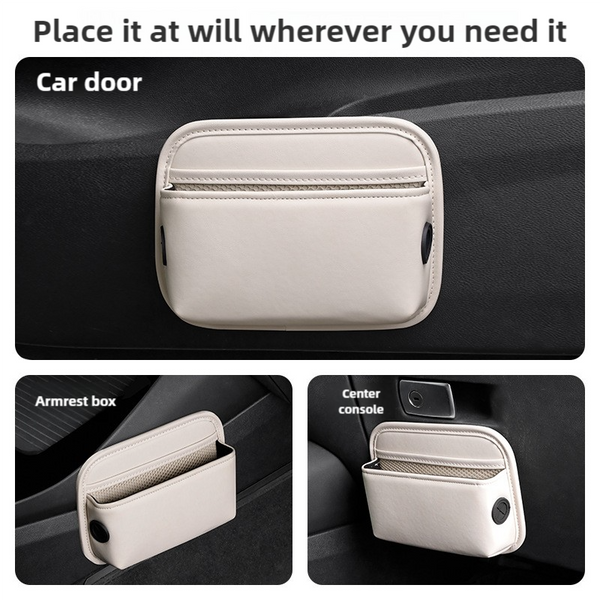 Elosung Black Pu Leather Car Storage Organizer With Dual Charging Holes And Inner Mesh Pocket Multi Functional Door Handle Hanging Bag For Phones Acce