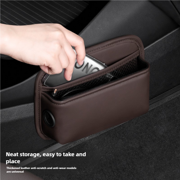 Elosung Black Pu Leather Car Storage Organizer With Dual Charging Holes And Inner Mesh Pocket Multi Functional Door Handle Hanging Bag For Phones Acce