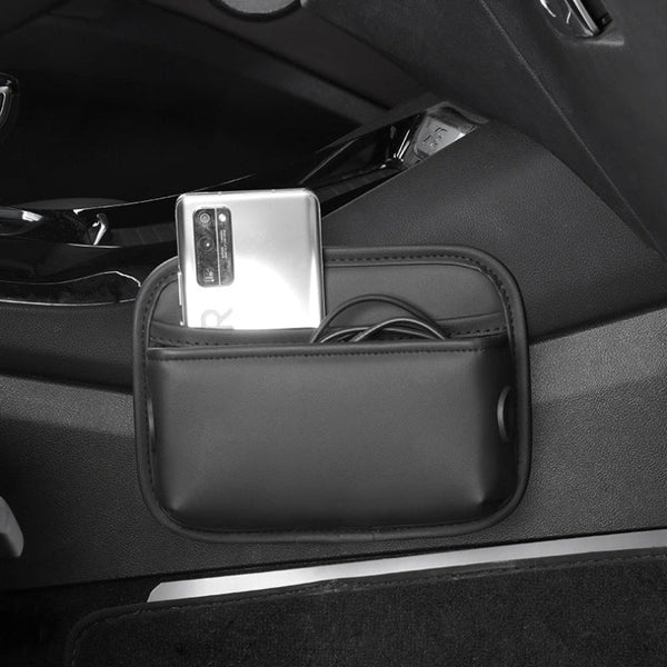 Elosung Coffee Pu Leather Car Storage Organizer With Dual Charging Holes And Inner Mesh Pocket Multi Functional Door Handle Hanging Bag For Phones Acc