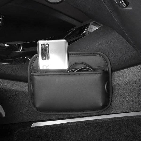 Elosung Brown Pu Leather Car Storage Organiser With Charging Holes And Mesh Pocket Car Organisers