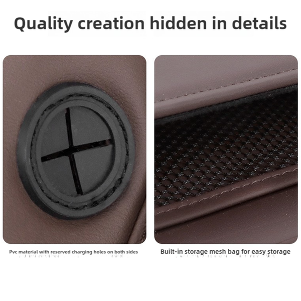 Elosung Brown Pu Leather Car Storage Organiser With Charging Holes And Mesh Pocket Car Organisers