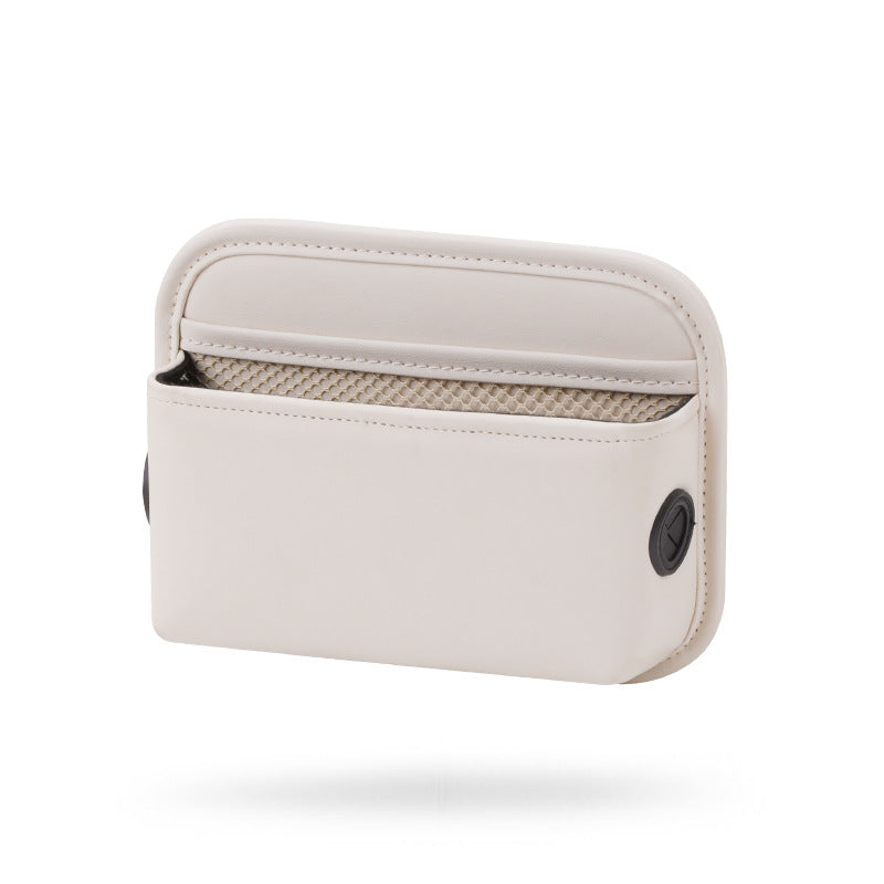 Elosung Off White Pu Leather Car Storage Organizer With Dual Charging Holes And Inner Mesh Pocket Multi Functional Door Handle Hanging Bag For Phones