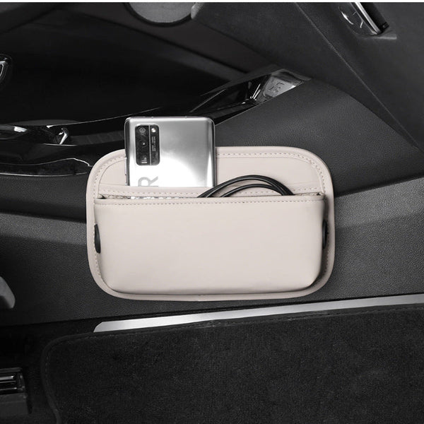 Elosung Off White Pu Leather Car Storage Organizer With Dual Charging Holes And Inner Mesh Pocket Multi Functional Door Handle Hanging Bag For Phones