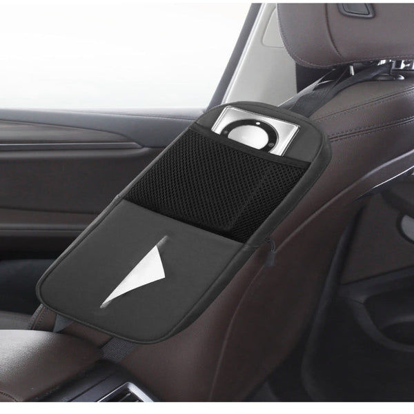 Black Multifunctional Car Seat Side Organizer With Pu Leather Tissue Holder And Mesh Pocket Car Organisers