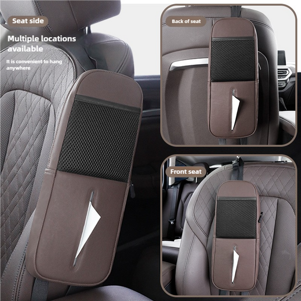 Black Multifunctional Car Seat Side Organizer With Pu Leather Tissue Holder And Mesh Pocket Car Organisers