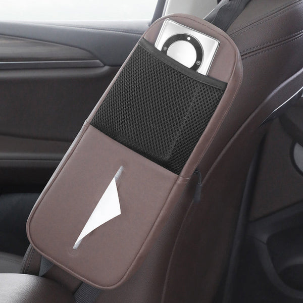 Elosung Coffee Multifunctional Car Seat Side Organizer With Pu Leather Tissue Holder And Mesh Pocket Compact Storage Bag For Phones Accessories Car Or