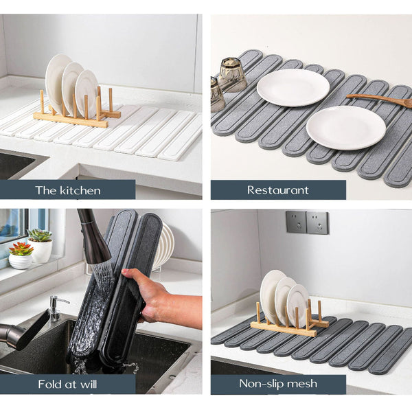 Elosung Light Gray Square Engraved Inner Frame Foldable Diatomaceous Earth Drying Mat Super Absorbent Fast Non Slip Kitchen Countertop Kitchen Bench M