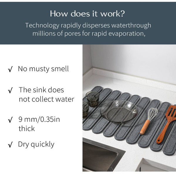 Elosung Light Gray Square Engraved Inner Frame Foldable Diatomaceous Earth Drying Mat Super Absorbent Fast Non Slip Kitchen Countertop Kitchen Bench M