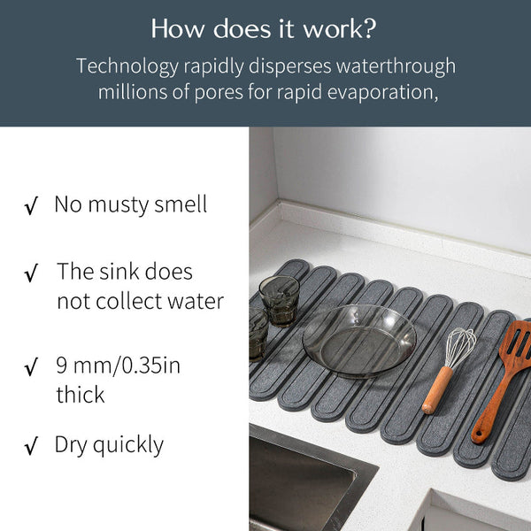 Elosung Dark Gray Square Engraved Inner Frame Foldable Diatomaceous Earth Drying Mat Super Absorbent Fast Non Slip Kitchen Countertop Kitchen Bench Ma