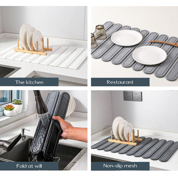 Elosung Light Gray Oval Shaped Engraved Inner Frame Foldable Diatomaceous Earth Drying Mat Super Absorbent Fast Non Slip Kitchen Countertop Kitchen Be