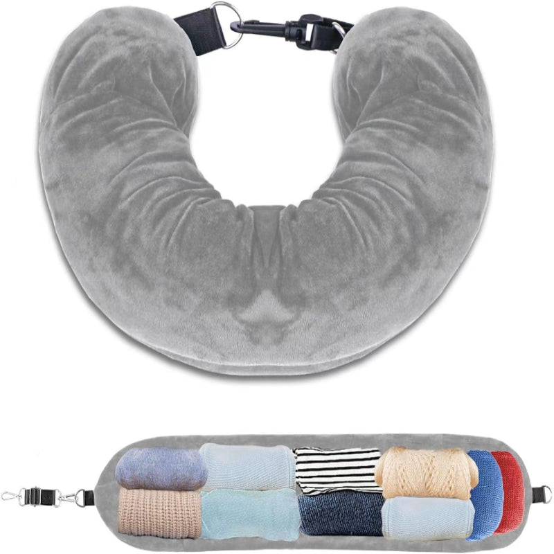 Grey Suede Refillable Travel Neck Pillow With Storage Bag Lightweight And Compact For Airplane Car Train Multi Purpose Organizer Pillows