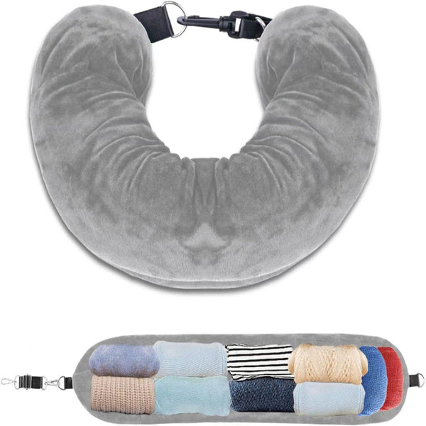 Grey Suede Refillable Travel Neck Pillow With Storage Bag Lightweight And Compact For Airplane Car Train Multi Purpose Organizer Pillows