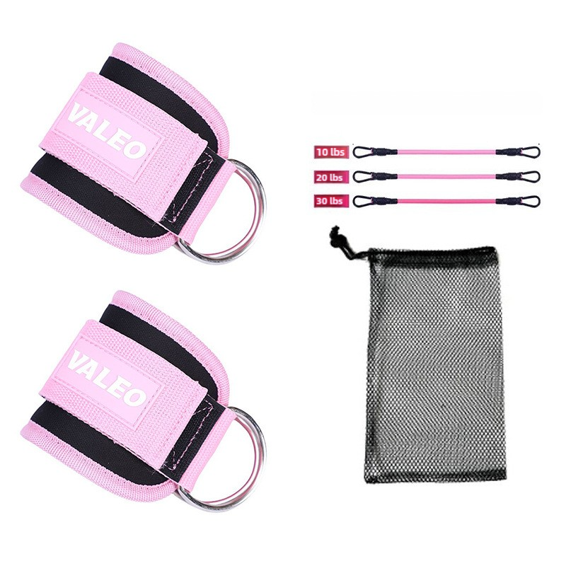 Pink Set (2 Ankle Straps + 3 Elastic Ropes 1 Mesh Bag) Adjustable For Leg And Glute Training Eva Padded Gym Foot Wrist & Ankle Weights
