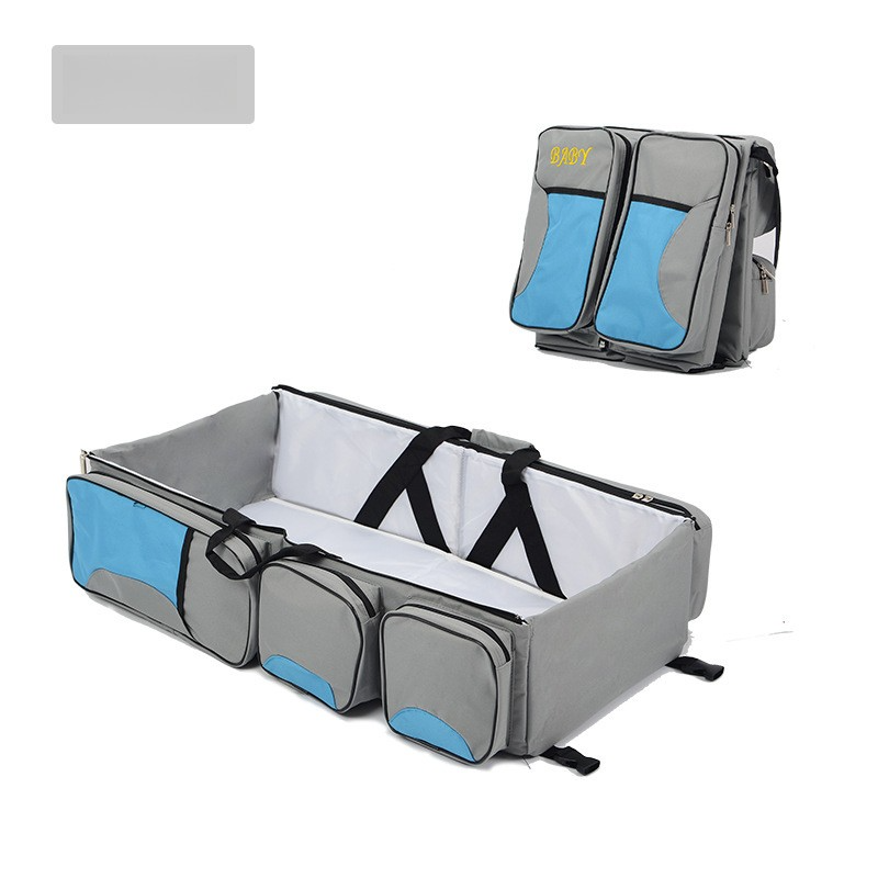 Elosung Grey Blue Patchwork Multifunctional Foldable Little One Crib Mommy Bag | Large Capacity Diaper Portable Shoulder And Handheld Essentials Nappy