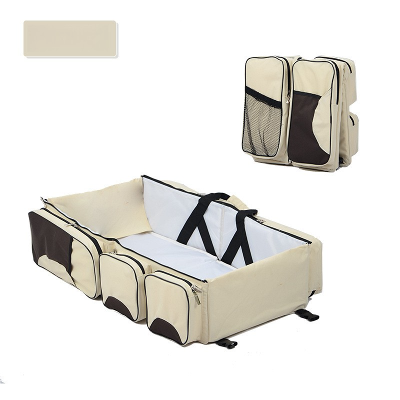 Elosung Beige Brown Patchwork Multifunctional Foldable Little One Crib Mommy Bag | Large Capacity Diaper Portable Shoulder And Handheld Essentials Nap