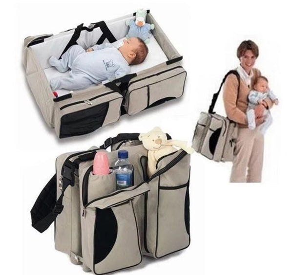 Elosung Beige Brown Patchwork Multifunctional Foldable Little One Crib Mommy Bag | Large Capacity Diaper Portable Shoulder And Handheld Essentials Nap