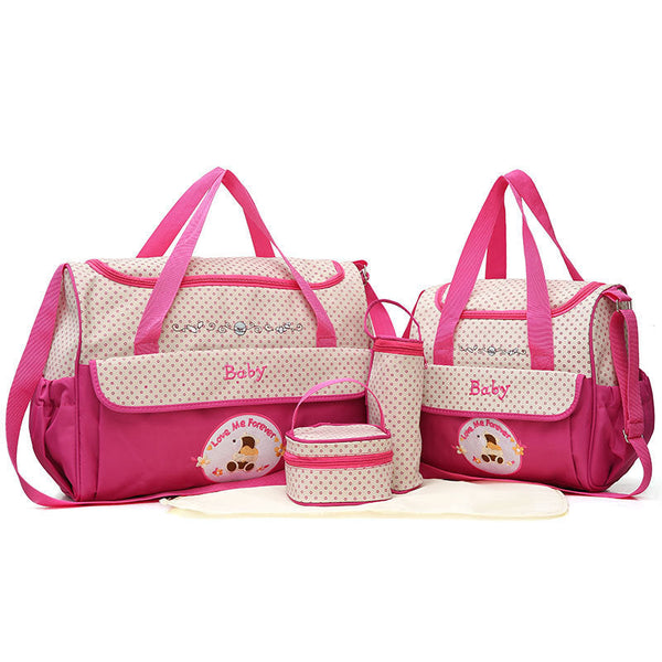 Elosung 5 Piece Mommy Bag Set Large Capacity Diaper Bags For Little One Travel Pink Nappy Bags
