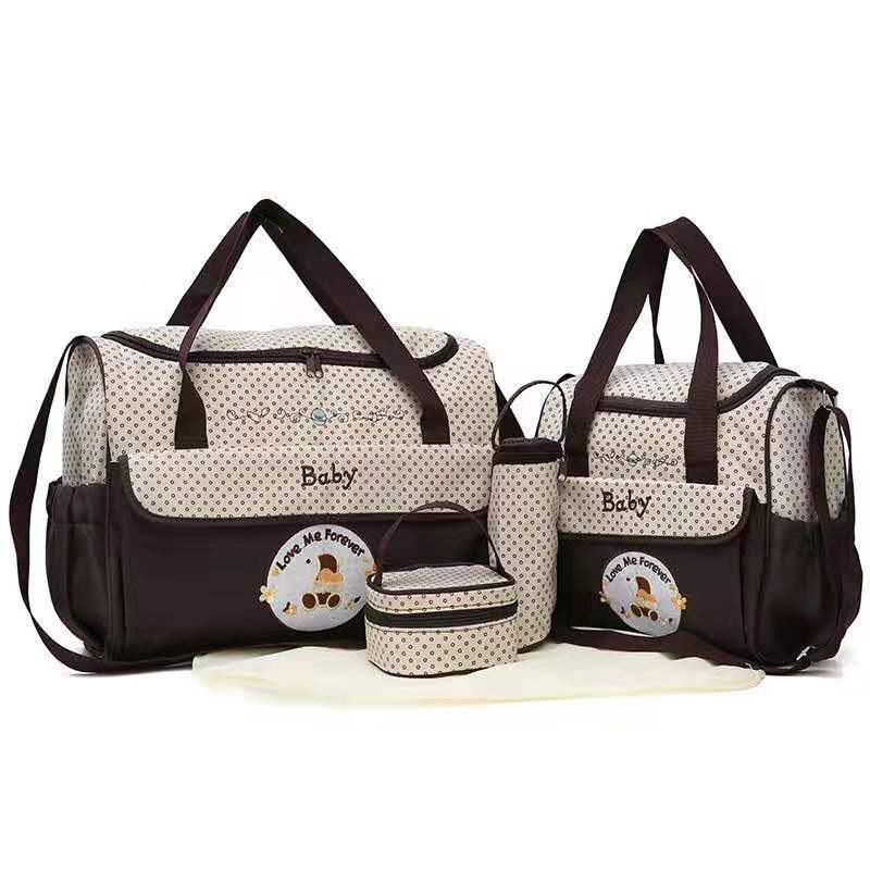 Elosung Coffee 5 Piece Mommy Bag Set Large Capacity Diaper For Little One Travel Tote And Shoulder With Insulated Snack Bags