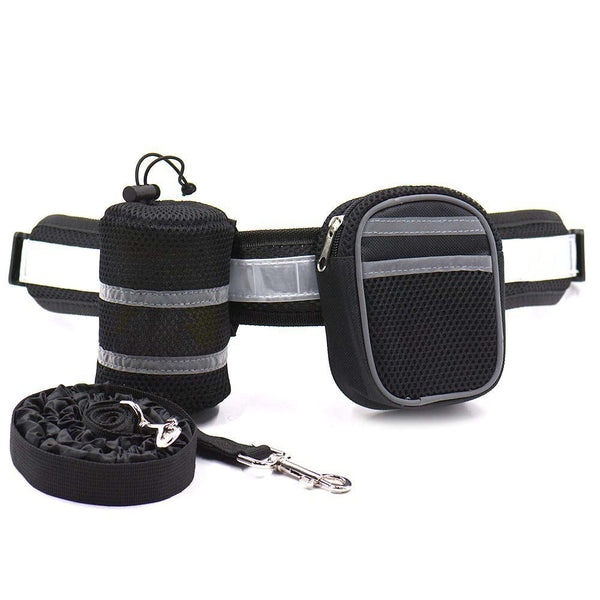 Elosung Black Reflective Pet Waist Bag With Hands Free Leash For Night Safety Adjustable Pack Detachable Pouches Leads & Head Collars