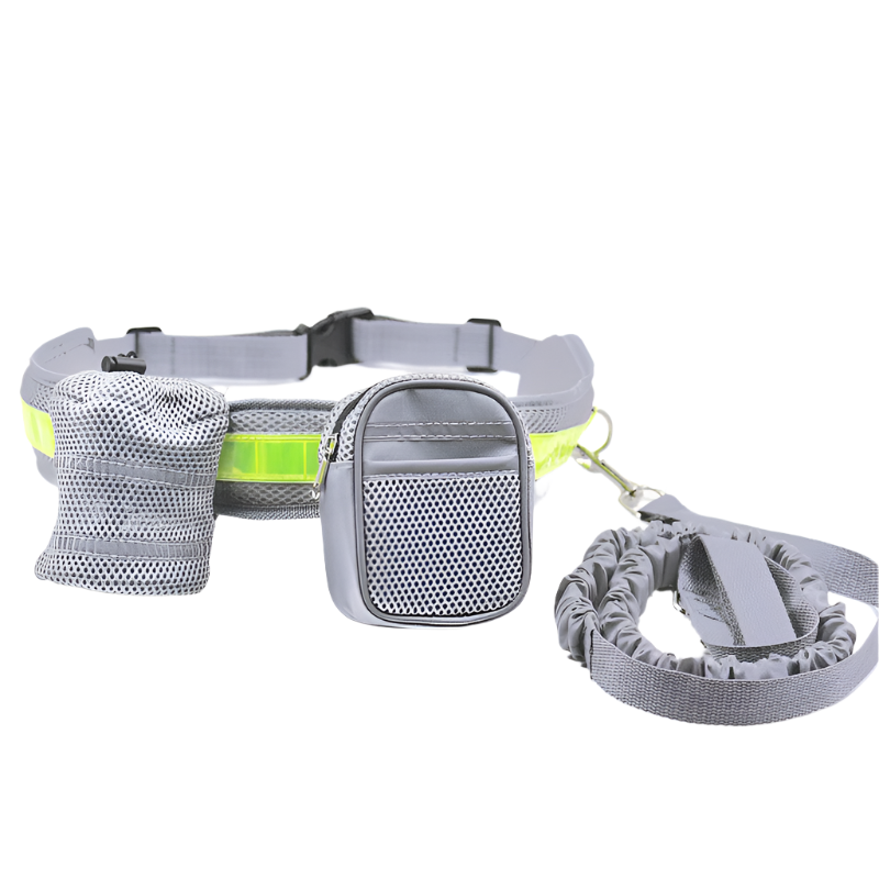 Grey Reflective Pet Waist Bag With Hands Free Leash For Night Safety Pack Detachable Pouches Pooper Scooper & Bags