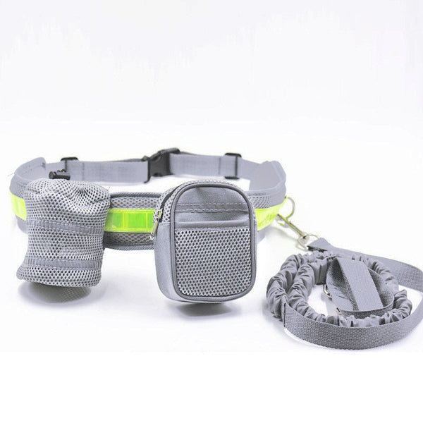 Grey Reflective Pet Waist Bag With Hands Free Leash For Night Safety Pack Detachable Pouches Pooper Scooper & Bags