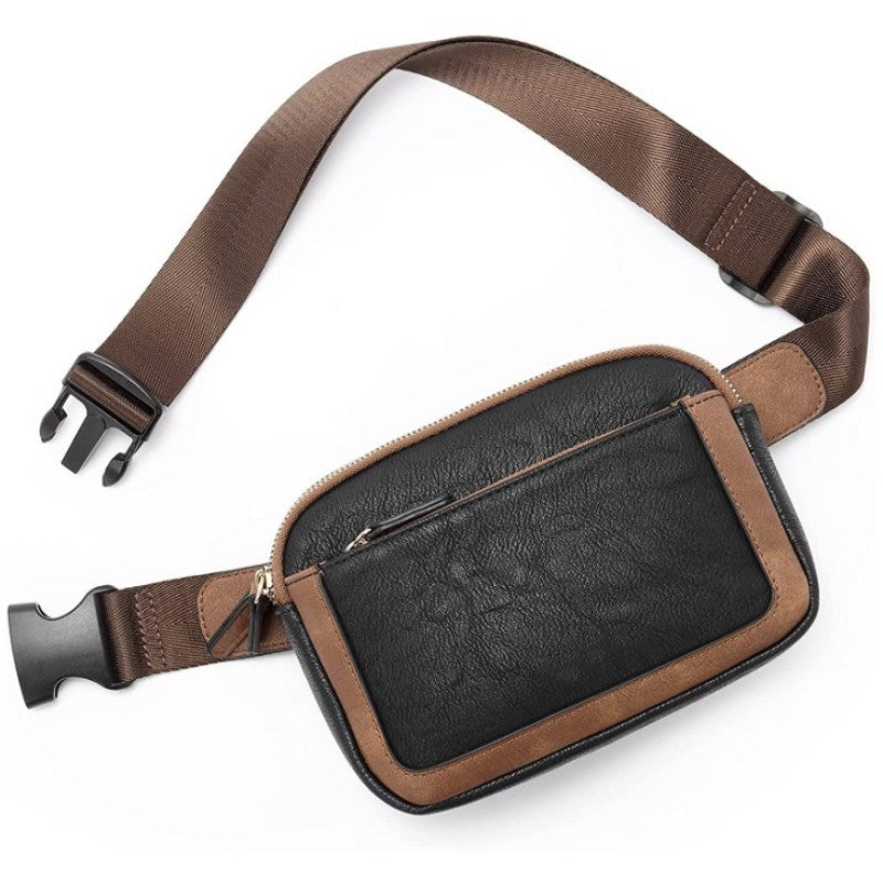 Elosung Black And Brown Colour Matching Waterproof Pu Leather Waist Bag Stylish Crossbody Belt For Men & Women Waist Packs & Bags