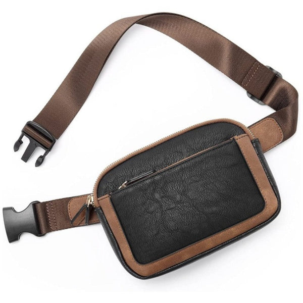 Elosung Black And Brown Colour Matching Waterproof Pu Leather Waist Bag Stylish Crossbody Belt For Men & Women Waist Packs & Bags
