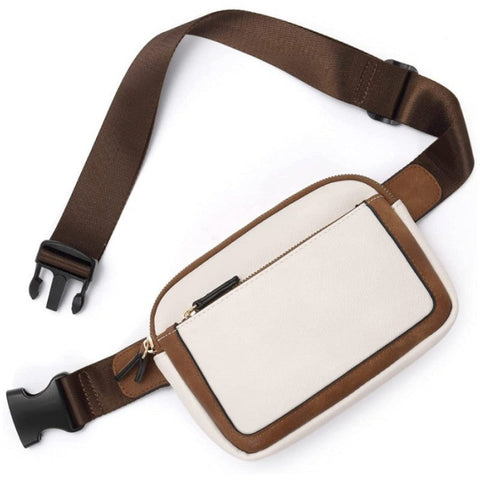 White And Brown Color Matching Adjustable Waterproof Pu Leather Waist Bag Stylish Crossbody Belt For Men & Women Waist Packs & Bags