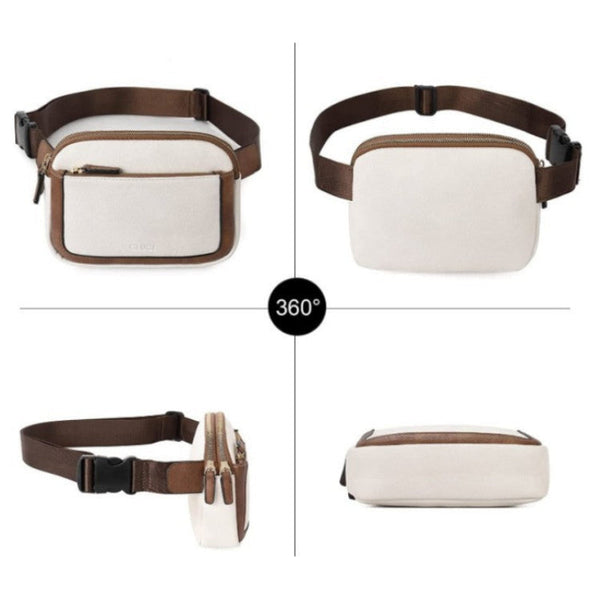 White And Brown Color Matching Adjustable Waterproof Pu Leather Waist Bag Stylish Crossbody Belt For Men & Women Waist Packs & Bags