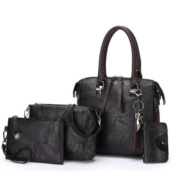 Elosung Black 4 Piece Women's Pu Leather Tote Bag Handbag Shoulder Clutch And Card Holder Lightweight Design Women Backpacks