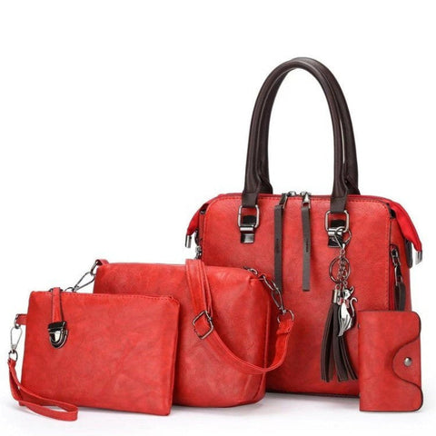 Elosung Red 4 Piece Women's Pu Leather Tote Bag Set Vintage Handbag Shoulder Clutch And Card Holder Lightweight Design Women's Bags & Handbags