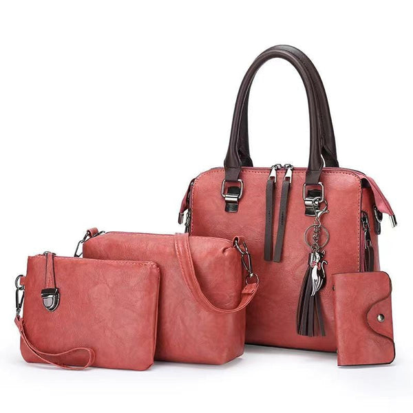 Elosung Pink 4 Piece Women's Pu Leather Tote Bag Vintage Handbag Shoulder Clutch And Card Holder Lightweight Design Women's Bags & Handbags