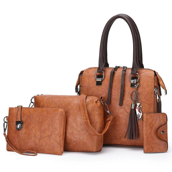 Elosung 1 Sets Of Brown 4 Piece Women's Pu Leather Tote Bag Handbag Shoulder Clutch And Card Holder Lightweight Design Women's Bags & Handbags
