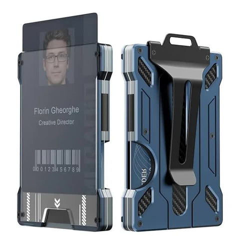 Elosung 1 Pcs Blue Premium Rfid Blocking Aluminum Alloy Id Badge Holder With Transparent Card Slot & Money Clip Id & Document Holders