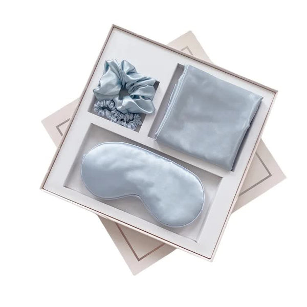 Elosung Light Blue Luxury Faux Silk Sleep Gift Set 4 Piece Eye Mask Pillowcase & Scrunchies For Relaxation Comfort Eye Masks