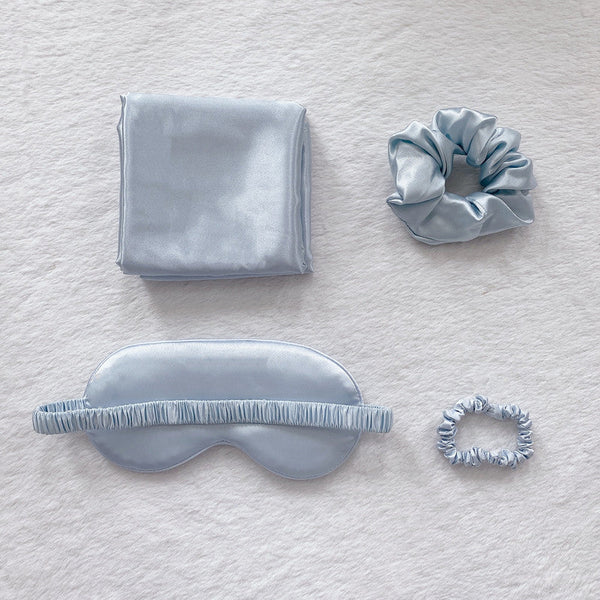 Elosung Light Blue Luxury Faux Silk Sleep Gift 4 Piece Eye Mask Pillowcase & Scrunchies For Relaxation Comfort Eye Masks