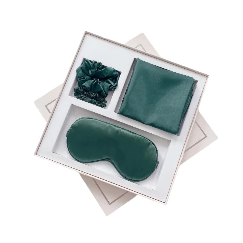 Green Luxury Faux Silk Sleep Gift Set 4 Piece Eye Mask Pillowcase & Scrunchies For Relaxation Comfort Sleep Masks