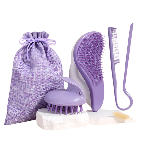 Elosung Purple Eco Friendly Wheat Straw Hair Care Set Massage Brush Detangling Comb And V Shaped For All Types Brushes & Combs