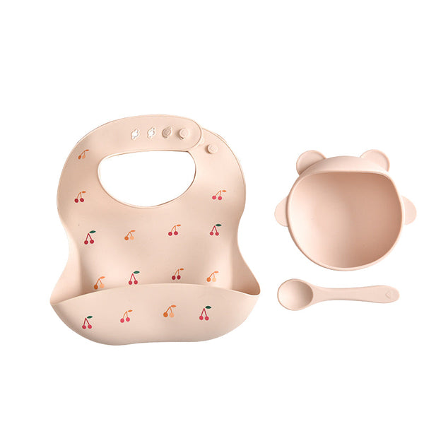 Elosung Cherry Pattern Beige Soft And Safe Silicone Little One Feeding Set Bib Bowl Spoon Combo For Mess Free Meals Sippy Cups & Mugs