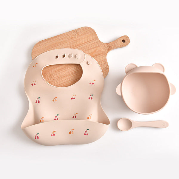 Elosung Cherry Pattern Beige Soft And Safe Silicone Little One Feeding Set Bib Bowl Spoon Combo For Mess Free Meals Sippy Cups & Mugs